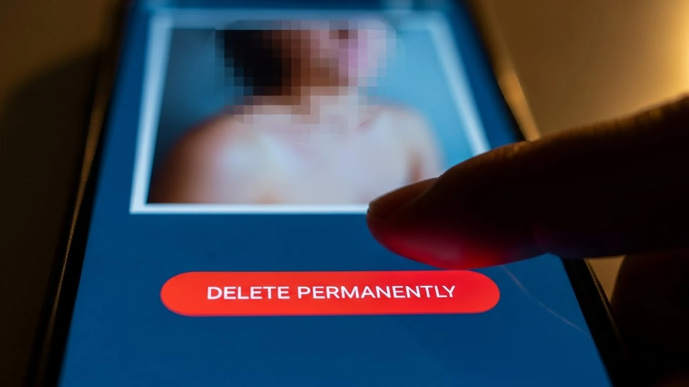 Mão clicando para remover e deletar conteúdo íntimo da internet